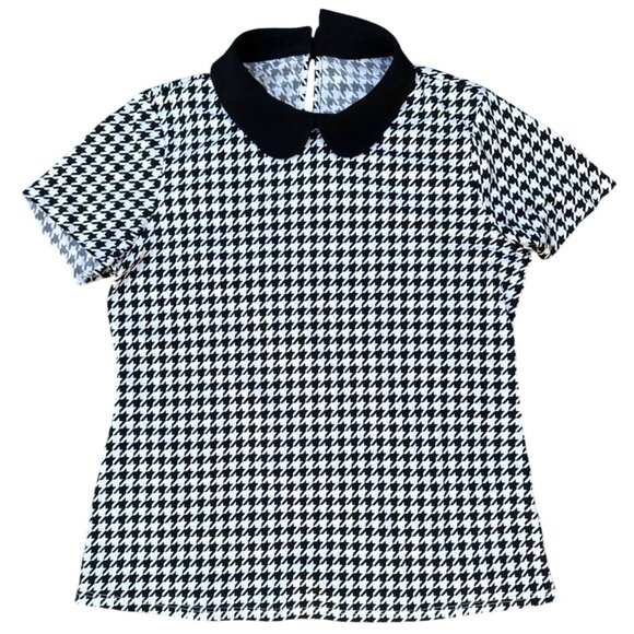 Black & White Houndstooth Collared Short Sleeve Top With Keyhole Back Closure - Picture 1 of 7